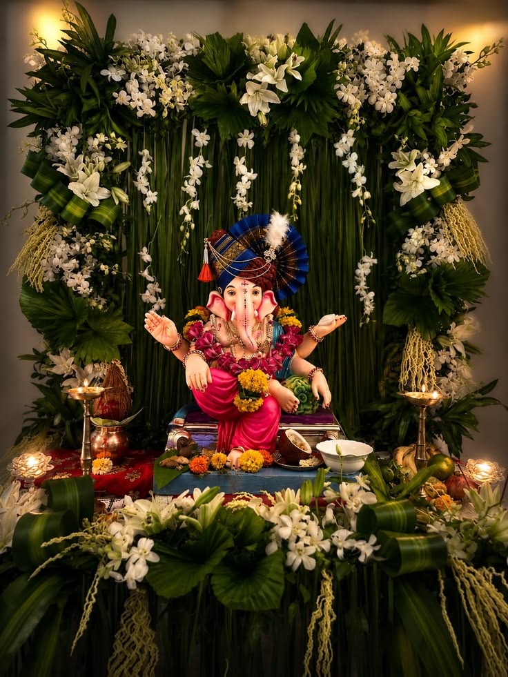 SF-09 — Ganesha mantap decoration with green leaves and hanging white orchids