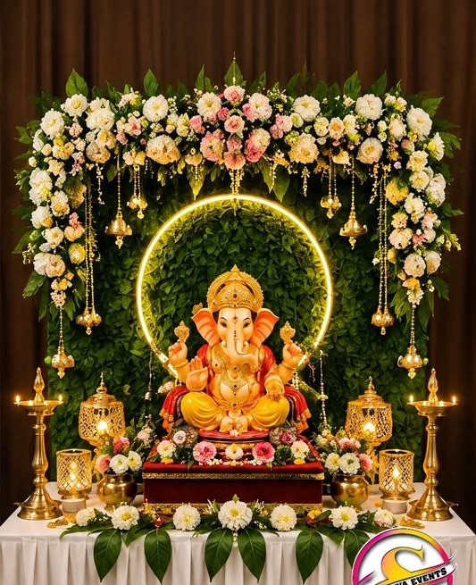 SF-54 — Ganesha decoration with pastel flower arch, gold ring light and hanging bells