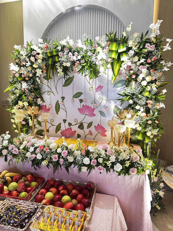 SF-44 — Pooja table decoration with white rose and lotus painted backdrop